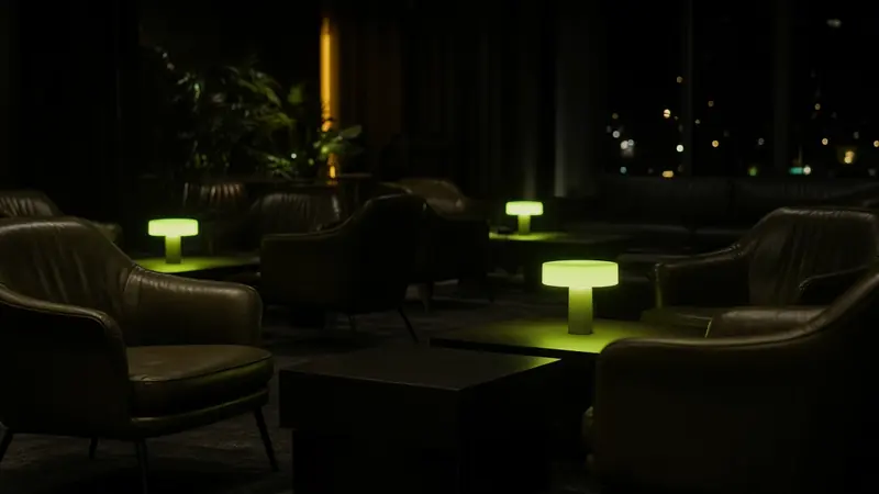 A quiet lounge with low lamps sits beside the LakhBet notes on Dream Catcher.