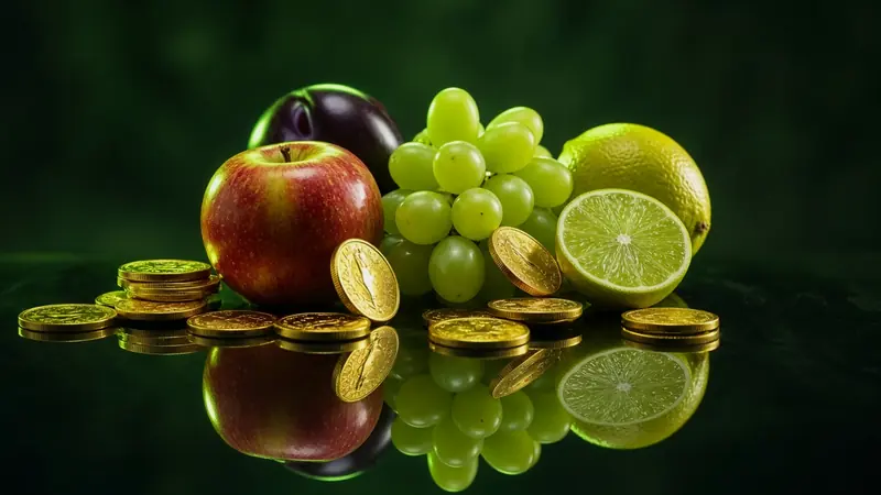 Fruit and coins on black glass appears in the LakhBet guide to Gates of Olympus.