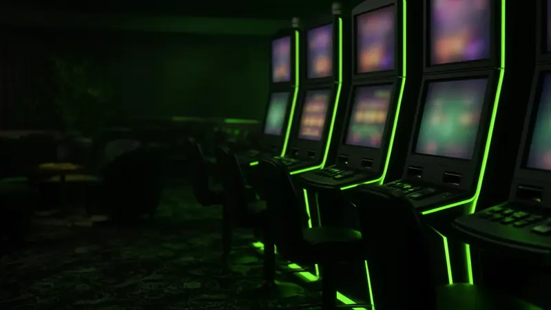 A dark row of slot cabinets appears in the LakhBet guide to Plinko.