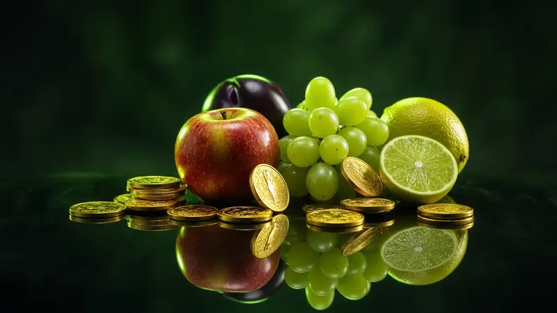 Fruit and coins sit on the LakhBet slots guide.